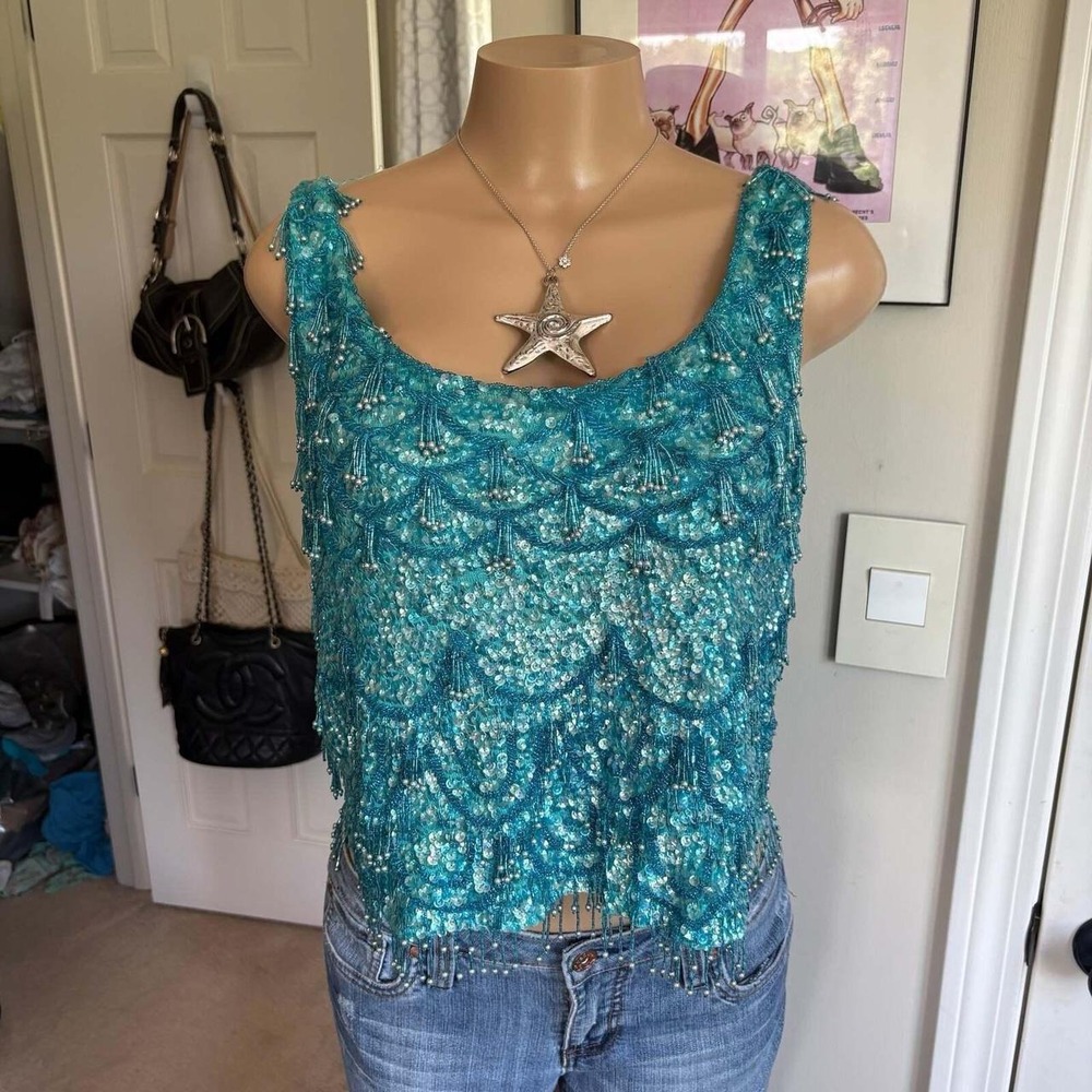 y2k 2000s mcbling turquoise sequin beaded fringe top